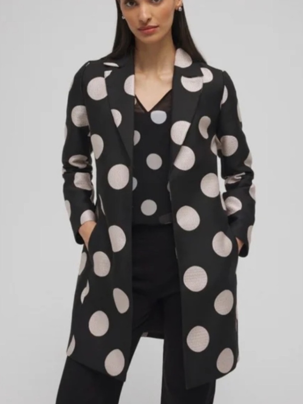 Chico’s Black Cream Polka Dot Jacquard Topper Jacket NWT Size 16 Workwear